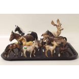 Beswick Pinto pony, a small horse and four foals, also a deer and a fawn together with three donkeys