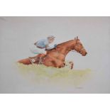 Alan Brassington (1959-), Horse and jockey taking a jump, signed and dated '89, watercolour and