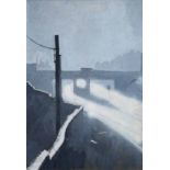 Harold Riley (1934-), Moonlit townscape with lorry crossing a bridge, signed and dated '70, gouache,