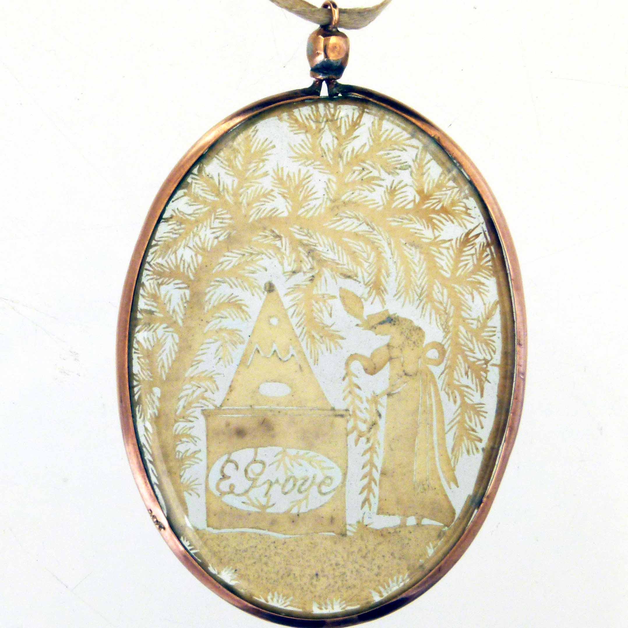 George III cut-out paper memoriam pendant depicting a figure beside a tomb, name E. Grove, the