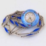 Bucherer enamelled silver ball watch, diameter 20mm, decorated in blue transparent enamel, on an 800