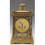 French gilt brass and champlevé enamel mantel clock circa 1910, the architectural case with