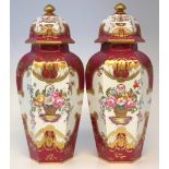 Pair of Samson hexagonal lidded vases, with spurious Rockingham marks to bases, painted with