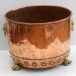 Copper and brass log bucket on paw feet, diameter 46cm