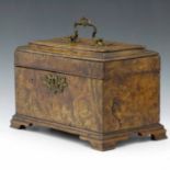 George III burr elm tea caddy with gilt brass fittings, the interior re-fitted with three open