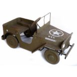 Tri-ang Jeep pedal car, painted olive green with US army markings, 97cm long Condition report: