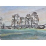 Leon Underwood (1890-1975), Rural view with horses, signed and dated 4/4/40, watercolour, 38.5 x