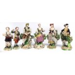 Three pairs of Derby figures 1780 -1800, modelled as dancing musicians on scrolled bases, incised