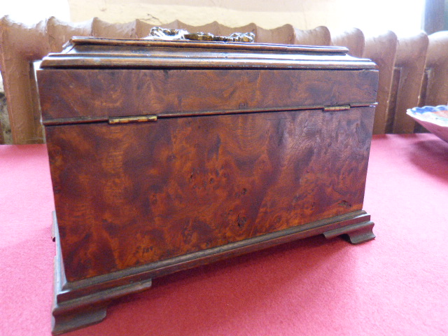 George III burr elm tea caddy with gilt brass fittings, the interior re-fitted with three open - Image 7 of 10