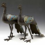 Pair of Chinese patinated bronze and champlevé enamel censers modelled as peacocks, their folded