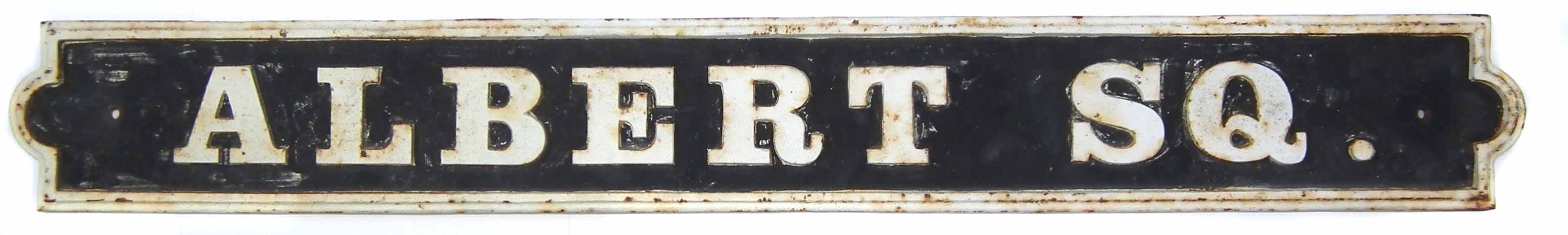 'Albert Sq.' cast iron street sign 108.5cm wide Condition report: Repainted. Rust patches all