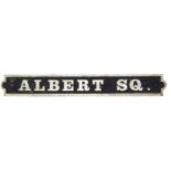 'Albert Sq.' cast iron street sign 108.5cm wide Condition report: Repainted. Rust patches all