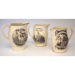Three Creamware jugs, printed in black transfer with 'The Parting Lovers', 'Hope Springs Eternal