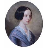 English School, 19th century, Portrait of a young woman, unsigned, oval, oil on board, 18.5 x 15cm.;