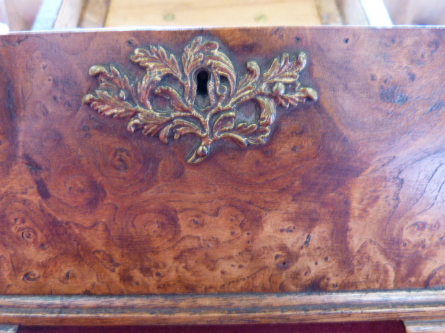 George III burr elm tea caddy with gilt brass fittings, the interior re-fitted with three open - Image 4 of 10