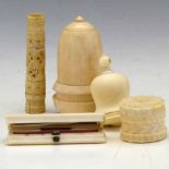 Victorian ivory bell-shaped thimble case, height 45mm; Victorian ivory acorn-shaped bobbin case,