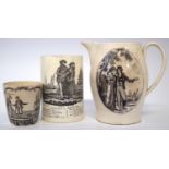 Creamware jug, mug and beaker, one printed with a sailor's farewell, and his return, another printed