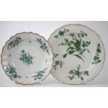 Two Worcester plates circa 1770 and 1800 painted with green floral groups, the largest plate