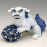 Hirado blue and white porcelain shi-shi with a ball, length 13cm