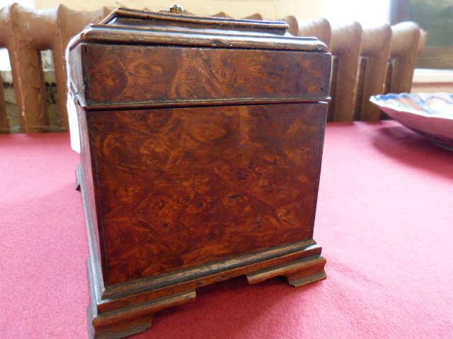 George III burr elm tea caddy with gilt brass fittings, the interior re-fitted with three open - Image 6 of 10
