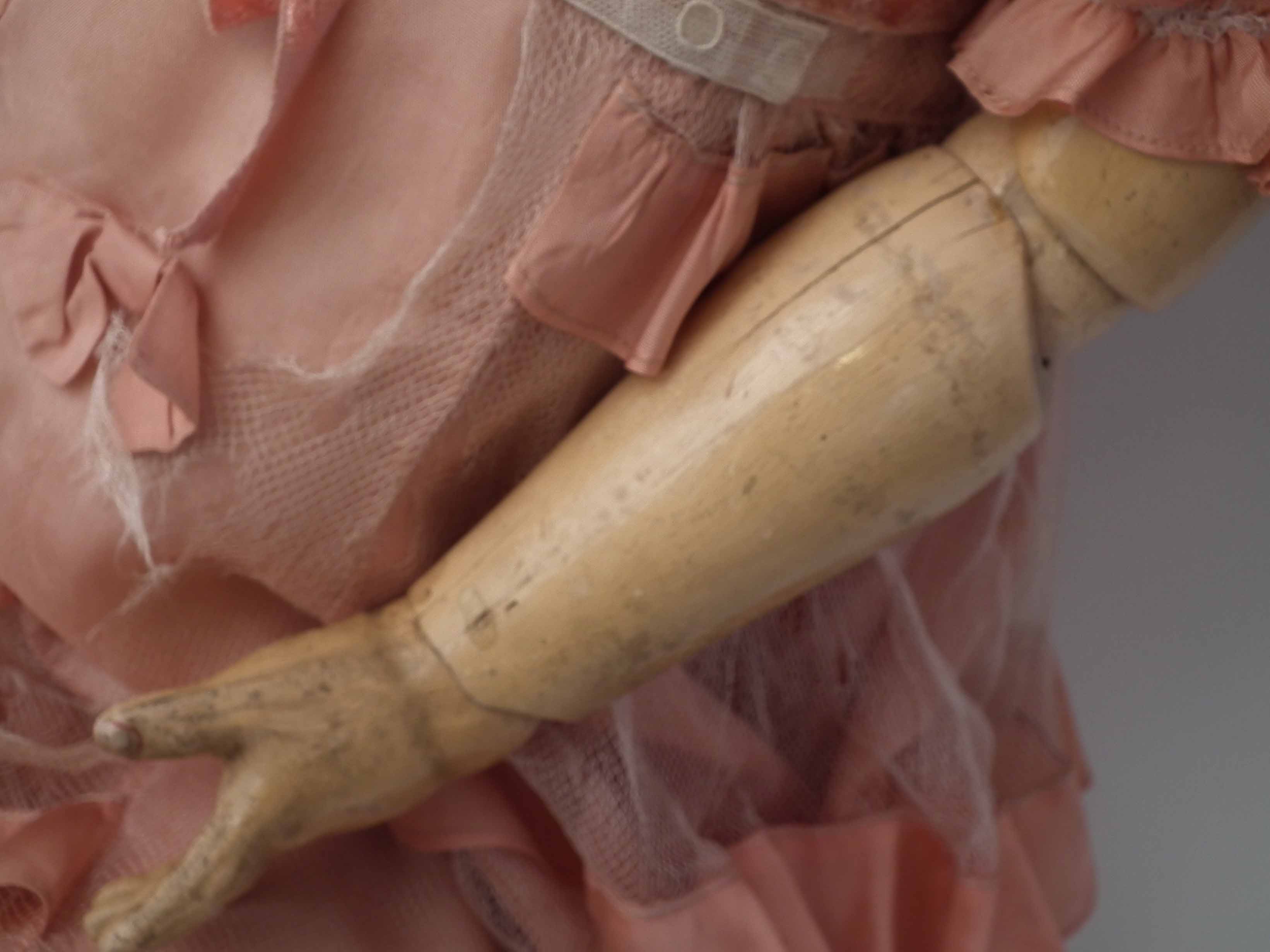 Large bisque head doll attributed to Kestner, with pink lacework dress and lace bonnet, no marks - Image 4 of 18