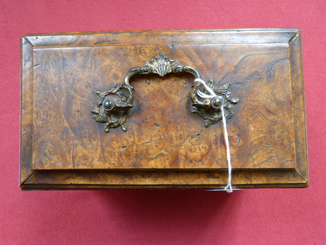 George III burr elm tea caddy with gilt brass fittings, the interior re-fitted with three open - Image 9 of 10