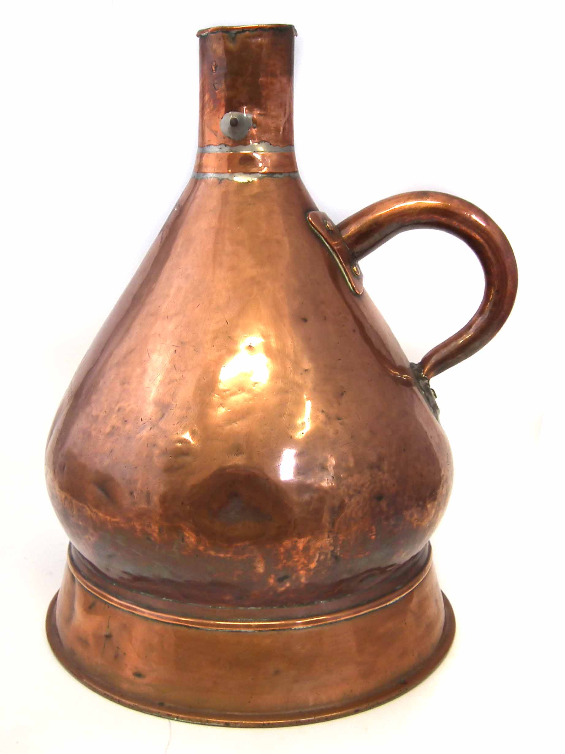 Copper 4 gallon fuel measure, marked 'J. Hutton 30 Cleveland Square' with stamped '4 Gallons' to