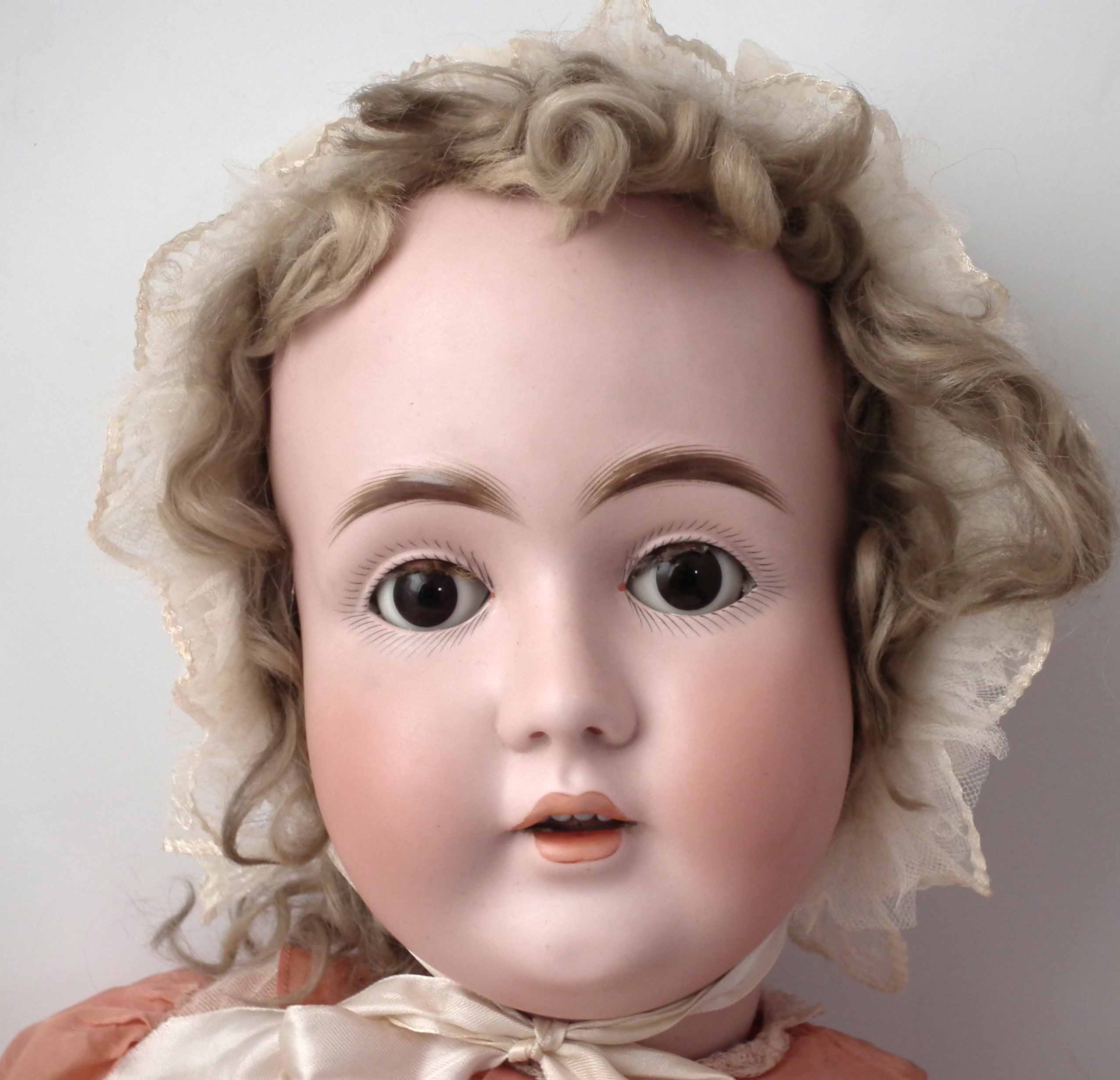 Large bisque head doll attributed to Kestner, with pink lacework dress and lace bonnet, no marks - Image 2 of 18