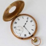 9ct gold half hunter pocket watch, case import mark Glasgow 1919, white enamel Roman dial,