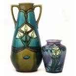 Two Minton Secessionist vases, tube lined with stylised flora on purple and green blue grounds,