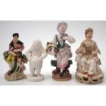 Four Derby figures 1800 - 1850 to include a gentleman playing pipes, a bisque figure, and two models