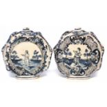 Matched pair of Delft moon flasks, moulded with snakes, painted in blue with figures in gardens,