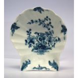 Worcester pickle dish circa 1758 - 1760, of scalloped shell shape painted with the Two Peony Rock