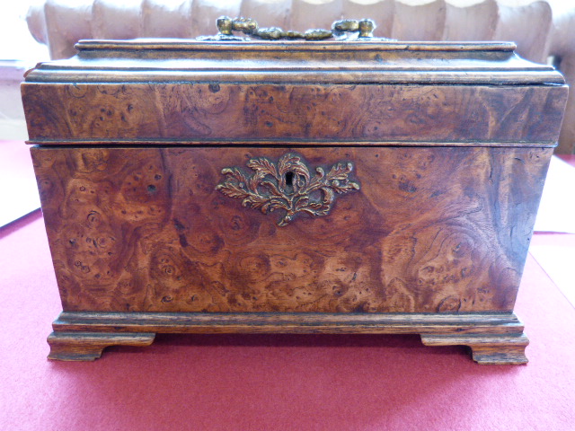 George III burr elm tea caddy with gilt brass fittings, the interior re-fitted with three open - Image 5 of 10