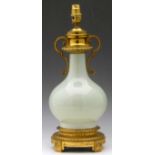 Chinese celadon bottle vase with European ormolu mounts as an electric table lamp, height to light