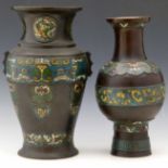 Chinese patinated bronze and champlevé enamel archaic style vase decorated with bands of scrolls,