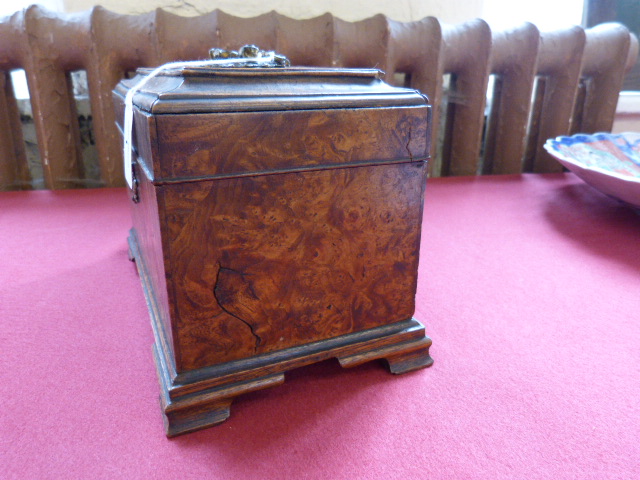 George III burr elm tea caddy with gilt brass fittings, the interior re-fitted with three open - Image 8 of 10