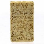 Cantonese ivory card case, 19th century, carved with figures, trees and pavilions, height 7.3cm.