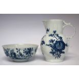 Worcester mask jug circa 1765 printed in underglaze blue with a floral prints, workman's mark to