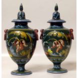 Pair of Exeter slip ware decorated ring handled lidded vases Condition report: see terms and