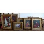 Seven assorted elaborately framed modern reproduction paintings and prints various sizes.