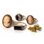 18ct gold filigree Maltese cross, 9ct gold Blue John ring, 9ct gold cameo rings. Condition report: