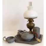 Civic pewter four piece tea set and standard pewter co. tobacco jar and oil lamp. Condition