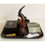 John Perry hard wood figure of otters, terrapin, glass paper weight. Condition report: see terms and