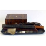 Victorian walnut jewellery box, horseshoe inkwell and one other horseshoe, two brushes, toasting