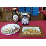 Ceramic tile of still life fruit signed T.Simpson in oak frame, 3 similar painted wall plates and