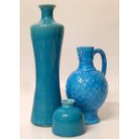 Minton turquoise Majolica mask jug together with two other turquoise glaze vases. Condition