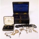 Leather covered jewellery box containing various dress jewellery, 22ct ring. Condition report: see