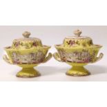 Pair of Herculaneum yellow ground transfer decorated tureens and covers. Condition report: see terms