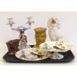 HMS terrible novelty pottery tobacco jar, Staffordshire dog, Dresdon candleabra, window stop and two